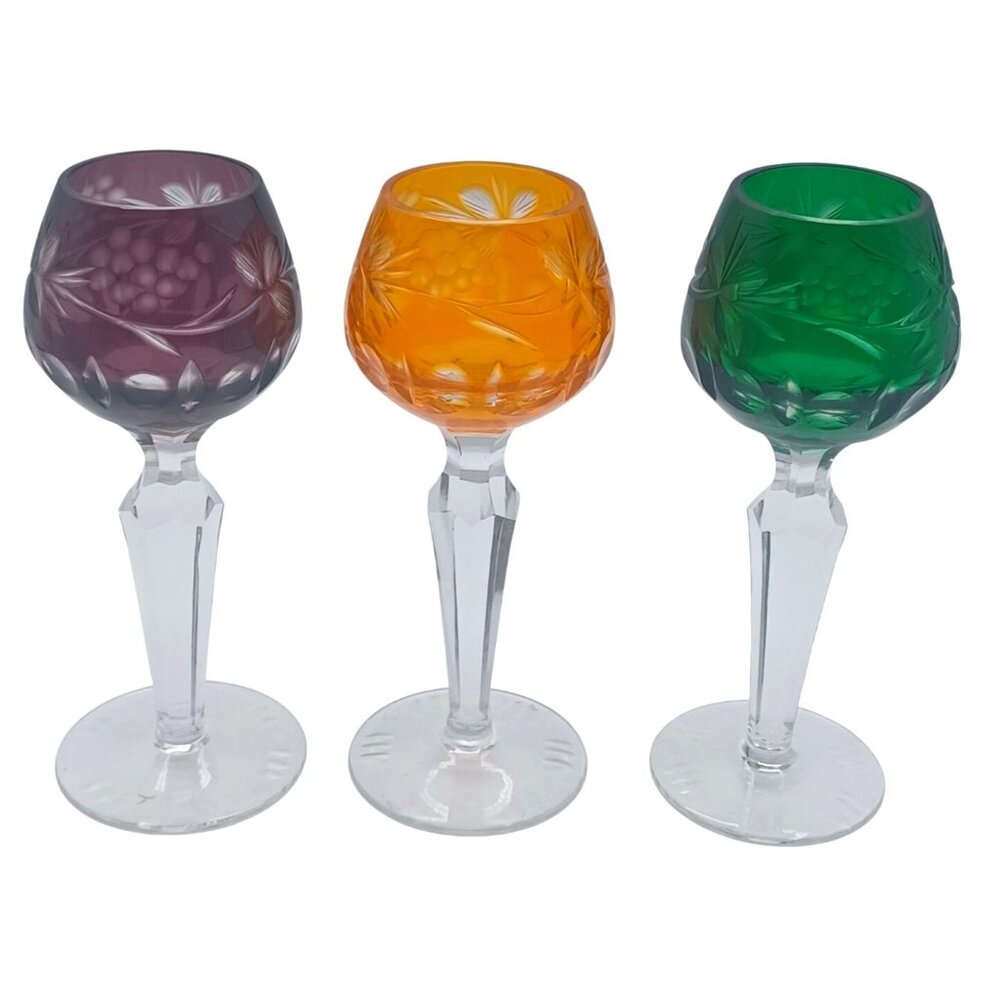 Lausitzer Grapes & Vines Cut To Clear Cordial Glasses Set Of 3 Emerald Green Ame